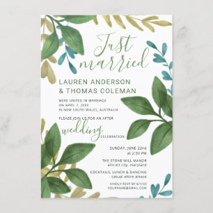 Just Married Watercolor Foliage Reception Only Invitation