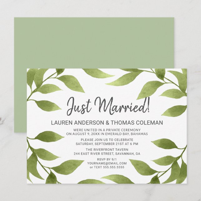 Just Married Watercolor Willow Wreath Announcement (Front/Back)