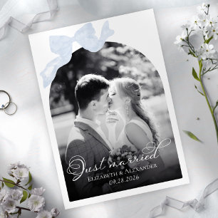 Just married Wedding Announcement Cards Blue Bow