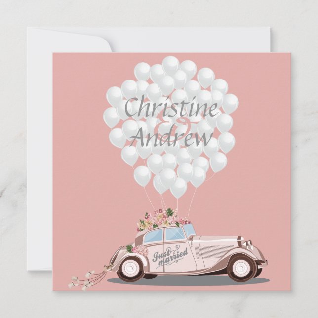 "Just Married" Wedding Car & Balloons Post Wedding Invitation (Front)