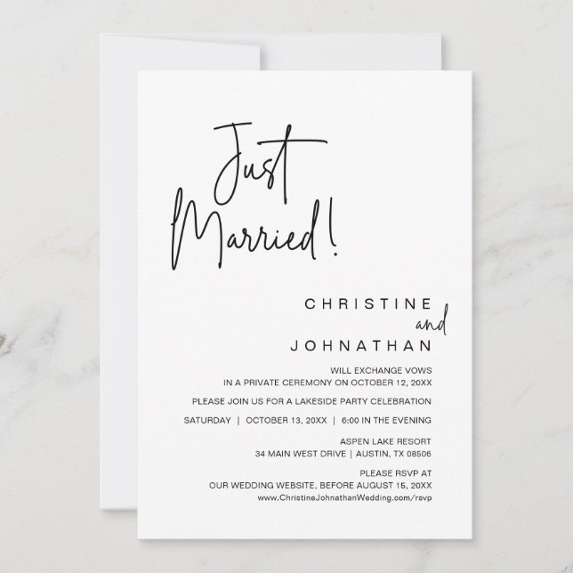 Just Married, Wedding Elopement Dinner Party Invitation (Front)