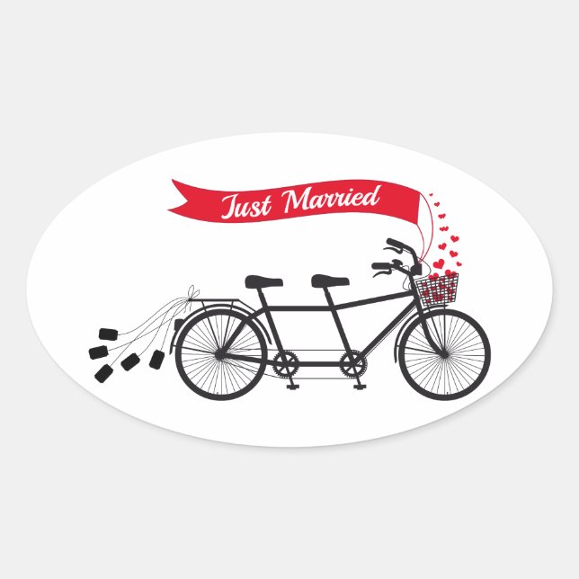 Just married, wedding tandem bicycle oval sticker (Front)