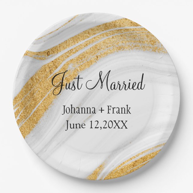 Just Married White and Gold Agate Paper Plate (Front)