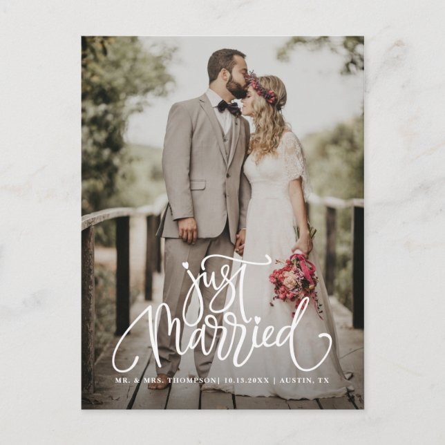 Just Married White Lettering Overlay Photo Announcement Postcard (Front)