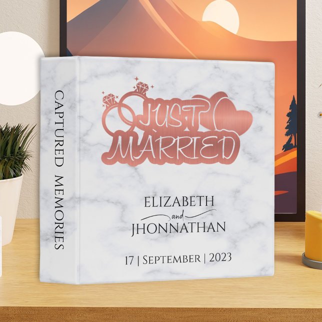 Just Married White Marble Rose Gold Wedding Album Binder (Creator Uploaded)