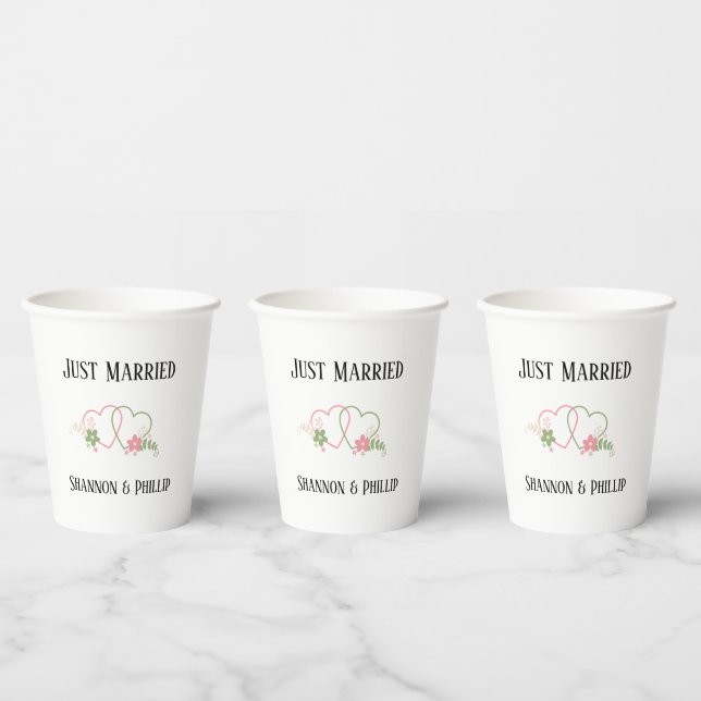 Just Married with Bride & Groom Names Wedding Date Paper Cups (Multi)