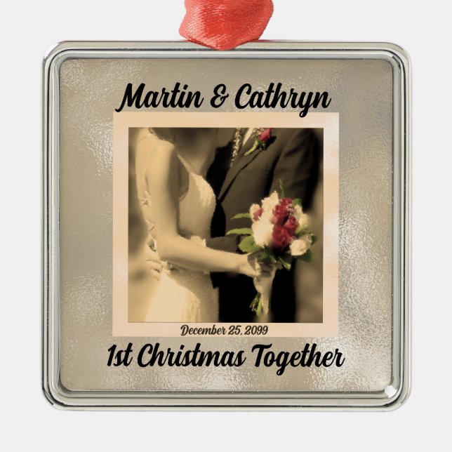 Just Married with Name and Year 1st Christmas Metal Ornament (Front)