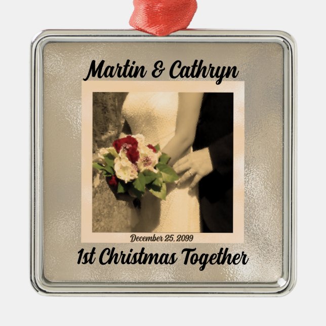 Just Married with Name and Year 1st Christmas Metal Ornament (Front)