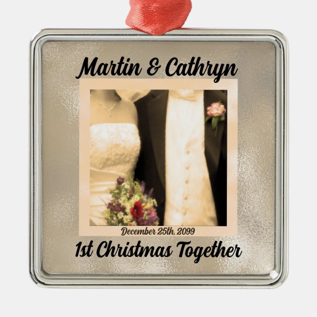 Just Married with Name and Year 1st Christmas Metal Ornament (Front)