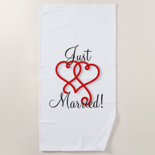 Just Married with Red Linked Swirly Hearts Beach Towel