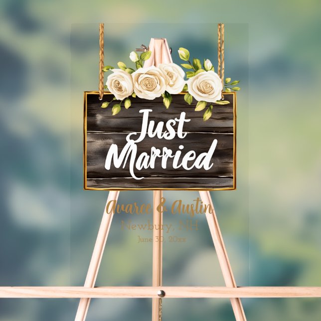 Just Married Wood Sign White Roses (Neutral)