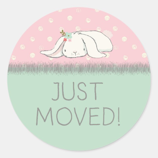 Just Moved! Pink and Green Bunny with Flowers Classic Round Sticker (Front)