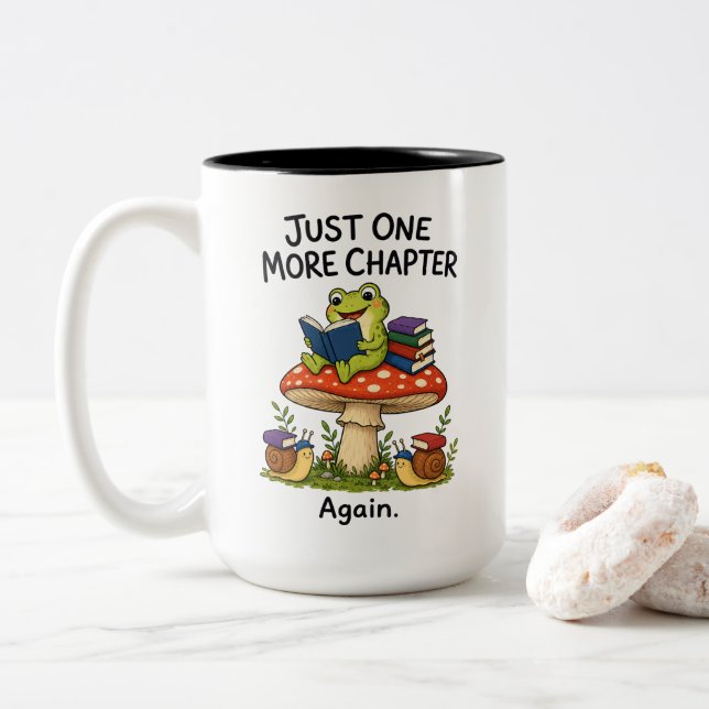 Just One More Chapter Again Cute Frog Book Lover Two-Tone Coffee Mug (With Donut)