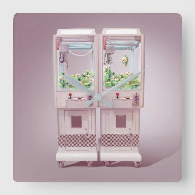 Just One More Try: Kawaii Pink Claw Machine Art Square Wall Clock (Front)