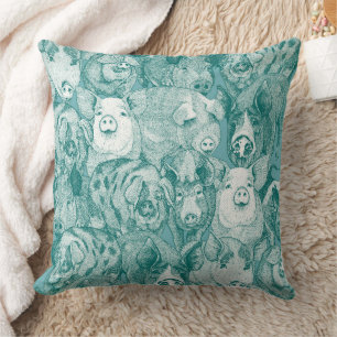 just pigs viridian turquoise throw pillow