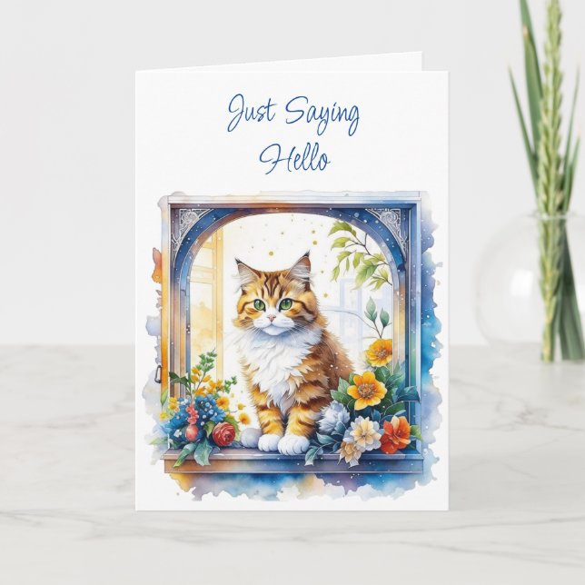 Just Saying Hello | Cat in Window with Flowers Card (Front)