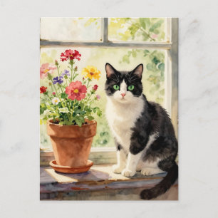 Just Saying Hi   Cat and Flower Themed Postcard