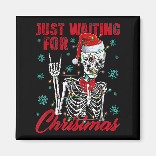 Just Waiting For Christmas Skeleton Rock Hand Sign Magnet (Front)