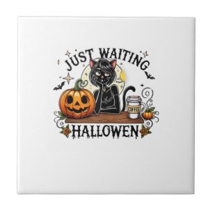 Just Waiting For Halloween Black Cat Lady Ice Coff Tile