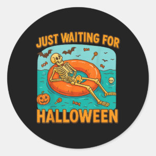 Just Waiting For Halloween Funny Skeleton Floating Classic Round Sticker