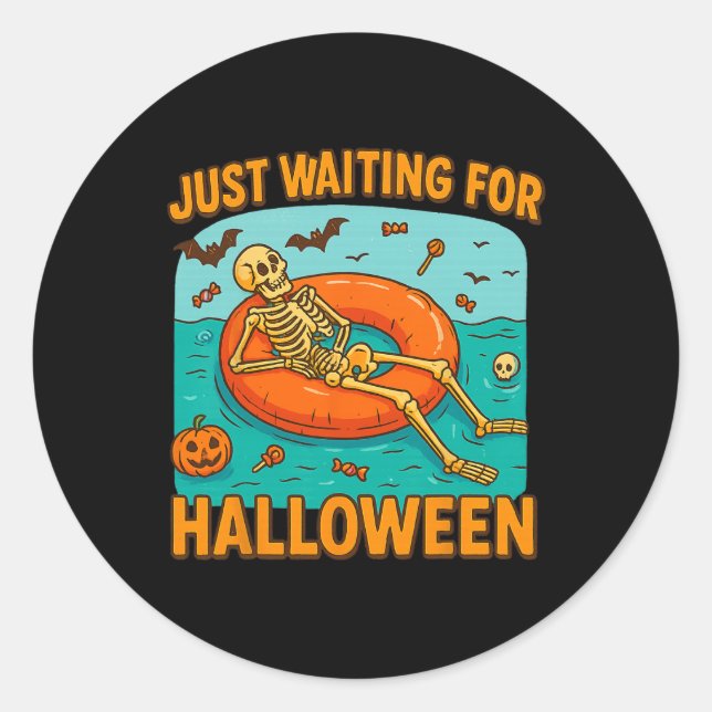 Just Waiting For Halloween Funny Skeleton Floating Classic Round Sticker (Front)