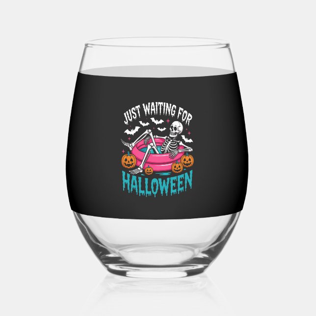 Just Waiting For Halloween Png Stemless Wine Glass (Front)
