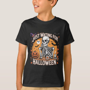 Just Waiting For Halloween Skeleton Coffee Spooky T-Shirt
