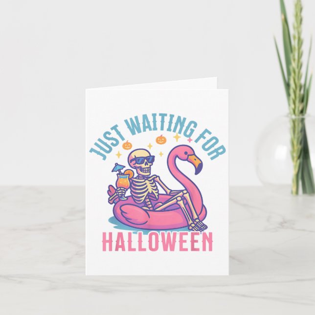 Just Waiting For Halloween Skeleton Flamingo Beach Card (Front)