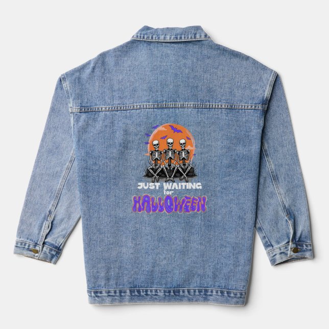 Just Waiting for Halloween, Skeleton Happy Denim Jacket (Back)