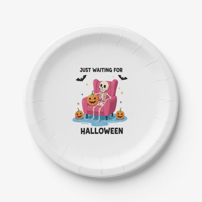 Just Waiting for Halloween Skeleton Paper Plate (Front)