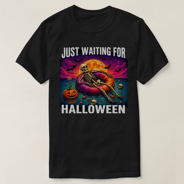 Just Waiting For Halloween Skeleton Pool Float T-Shirt (Design Front)