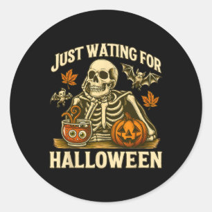 Just Waiting For Halloween Skeleton Pumpkin Design Classic Round Sticker