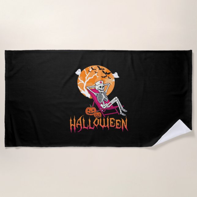 Just Waiting For Halloween Summer Nurse Skeleton P Beach Towel (Front)