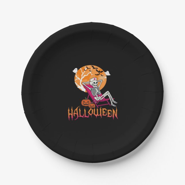 Just Waiting For Halloween Summer Nurse Skeleton P Paper Plate (Front)