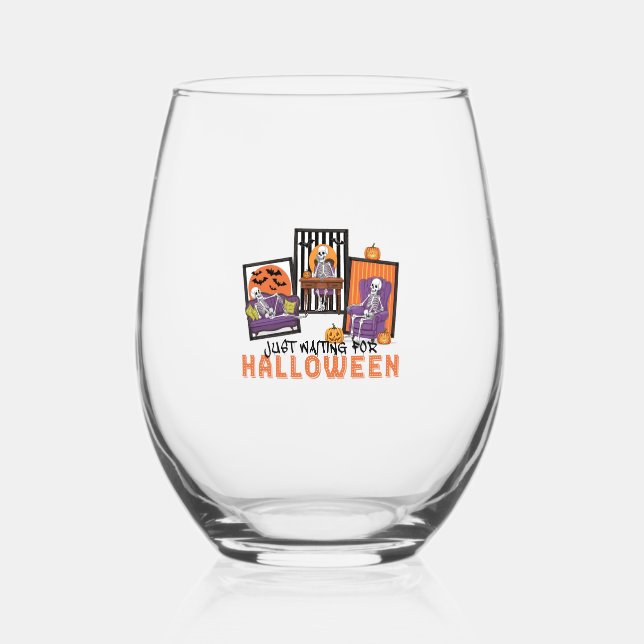 Just Waiting Halloween Fall Vibes Stemless Wine Glass (Front)