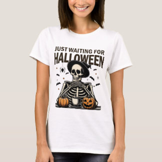 Just Waiting Halloween Skeleton Drinking Coffee T-Shirt