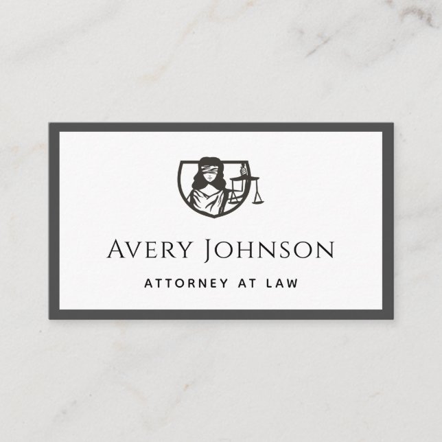 Justice Lady Lawyer Scales Logo Grey & White Bold Business Card (Front)