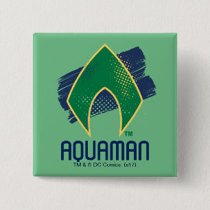 Justice League Brush & Halftone Aquaman Symbol 2 Inch Square Button