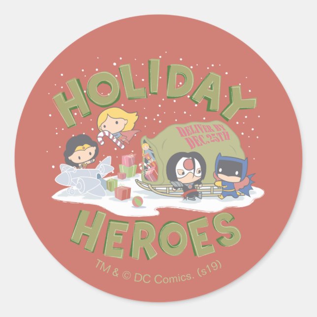 Justice League Chibi Delivering Presents Classic Round Sticker (Front)