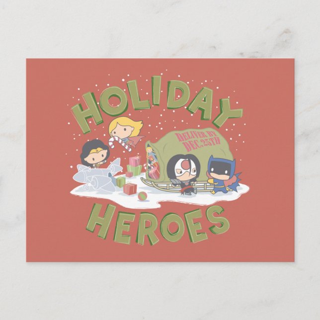 Justice League Chibi Delivering Presents Holiday Postcard (Front)