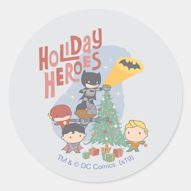 Justice League Chibi Holiday Tree Decorating Classic Round Sticker (Front)