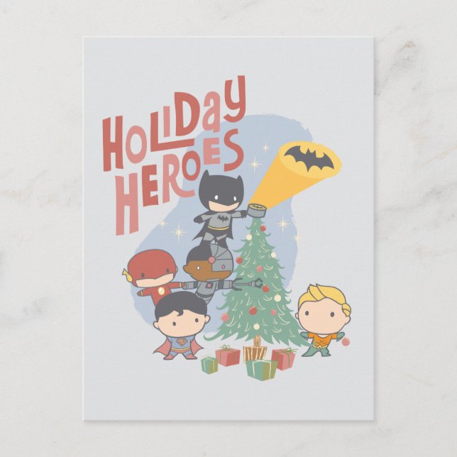 Justice League Chibi Holiday Tree Decorating Postcard (Front)