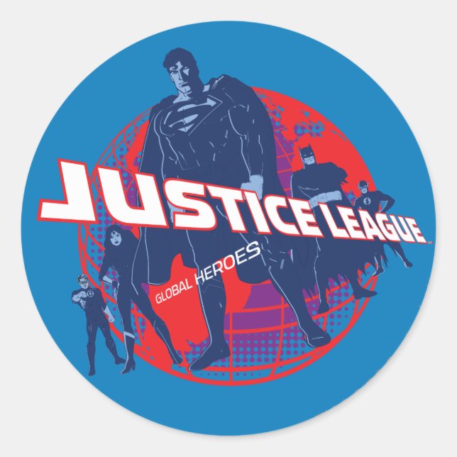 Justice League Global Heroes and Globe Classic Round Sticker (Front)