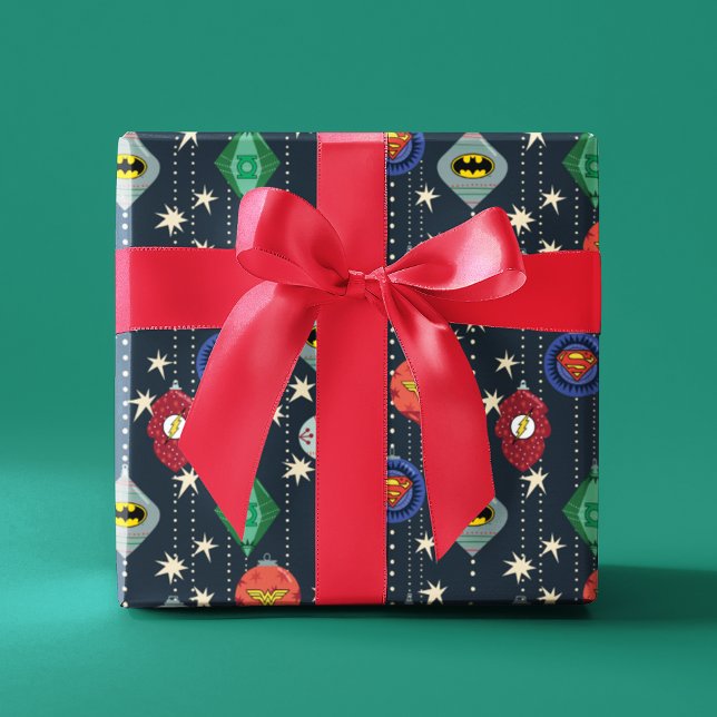 Justice League Holiday Bauble Pattern Wrapping Paper (Wrapping paper on gift)