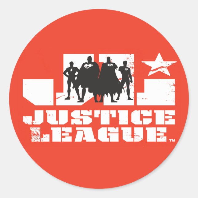 Justice League Logo and Character Silhouettes Classic Round Sticker (Front)