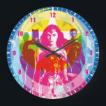 Justice League | Retro Group & Logo Pop Art Large Clock<br><div class="desc">Check out the Justice League outlines in a retro, CMYK, lithograph inspired design, with the Trinity (Wonder Woman, Batman, and Superman) in front and in higher detail. The Justice League name logo is written below in a fun, curly retro style font.</div>