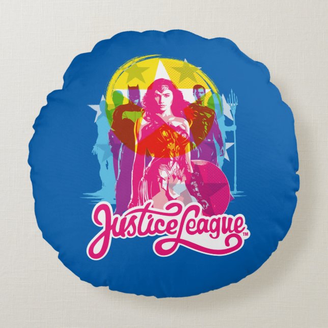 Justice League | Retro Group & Logo Pop Art Round Pillow (Front)