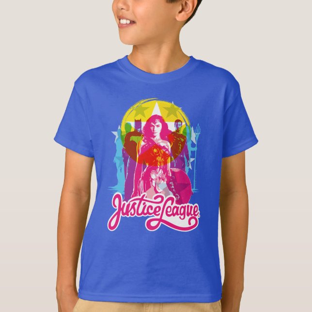Justice League | Retro Group & Logo Pop Art T-Shirt (Front)
