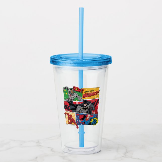 Justice League "Save the Holidays!" Acrylic Tumbler (Front)
