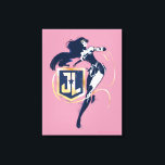 Justice League | Wonder Woman & JL Icon Pop Art Canvas Print<br><div class="desc">Check out Wonder Woman painted in a classic high contrast noir style,  her Lasso of Truth in hand and whipping around a gold and blue Justice League JL shield logo. Halftone dots scatter across this graphic giving it a nostalgic comic book feel.</div>